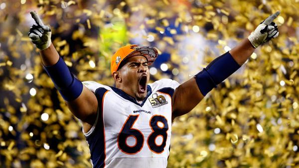 SANTA CLARA, CA - FEBRUARY 07:  Ryan Harris #68 of the Denver Broncos celebrates after defeating the Carolina Panthers during Super Bowl 50 at Levis Stadium on February 7, 2016 in Santa Clara, California. The Broncos defeated the Panthers 24-10. (Photo by Al Bello/Getty Images)