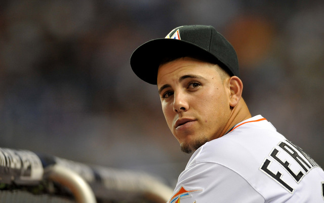 Apr 8, 2013; Miami, FL, USA; Miami Marlins starting pitcher Jose Fernandez (16) looks on in the eighth inning against the Atlanta Braves during on opening night at Marlins Park. Mandatory Credit: Steve Mitchell-USA TODAY Sports